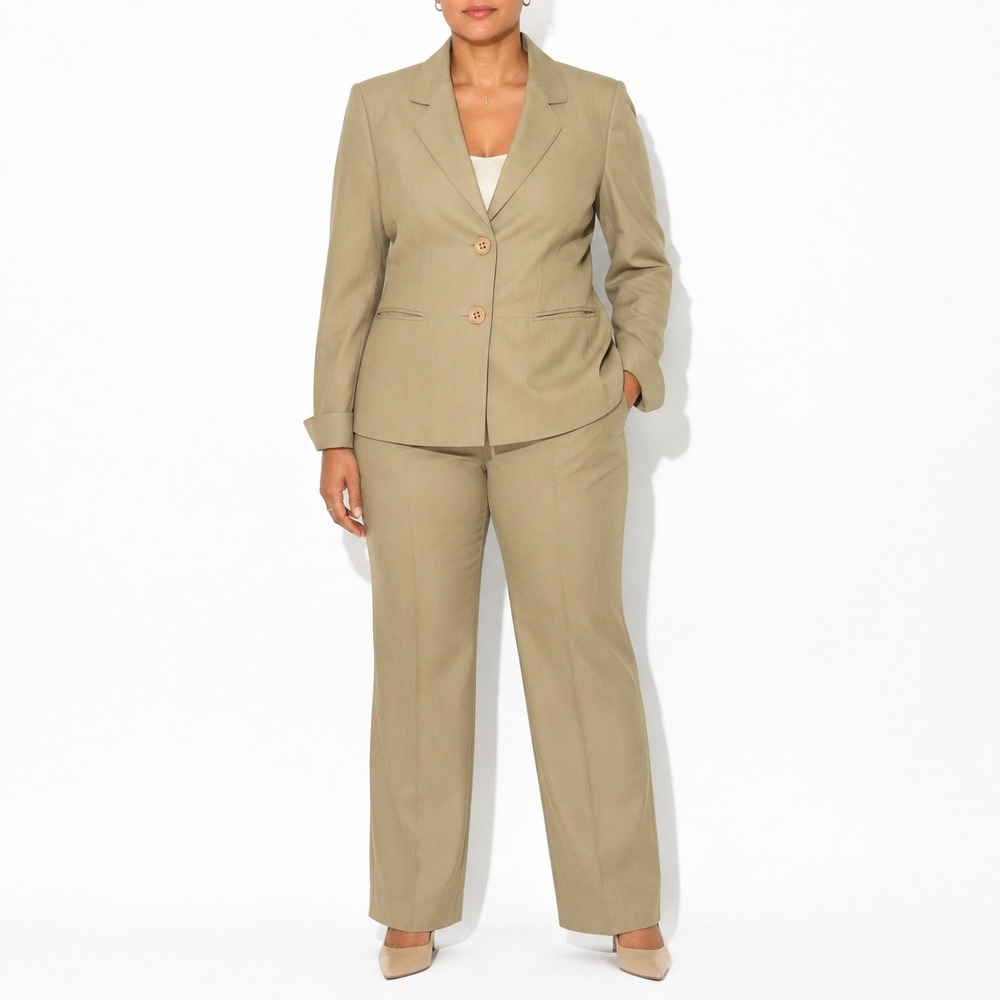 Le Suit 2 Piece Pant Suit Womens 14 Tan Neutral Tailored Fit 2 Button Blazer Set